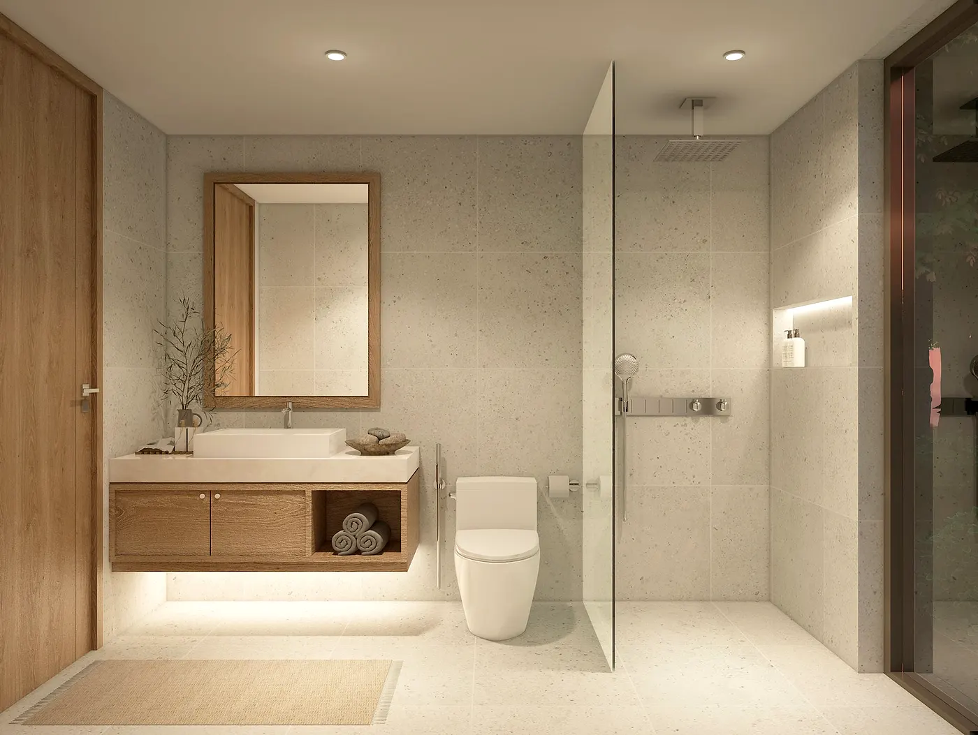 ห้องน้ำตกแต่งด้วยหินและไม้โอ๊กใน KĀHLĪ Hillside Villa