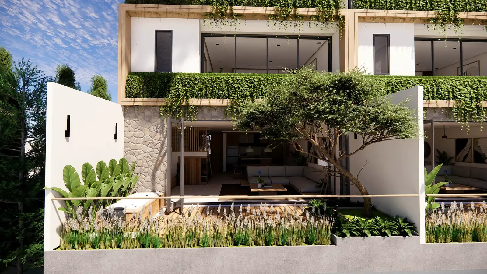 ชั้นล่างแบบเปิดโล่งของบ้าน KĀHLĪ Terrace เปิดผ่านกระจกเต็มความสูงออกสู่สวนและสระน้ำเย็น
