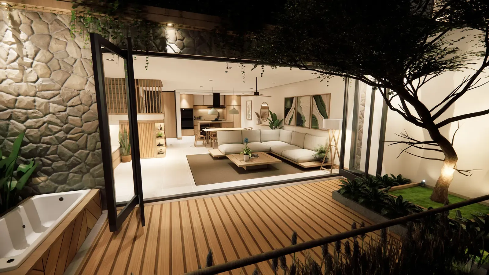 ห้องนั่งเล่นที่เปิดออกสู่เดคในบ้าน KĀHLĪ Terrace