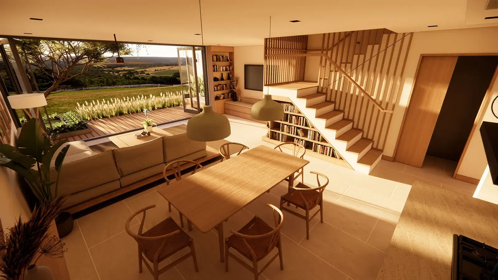 ห้องนั่งเล่นและห้องอาหารแบบเปิดโล่งในบ้าน KĀHLĪ Terrace
