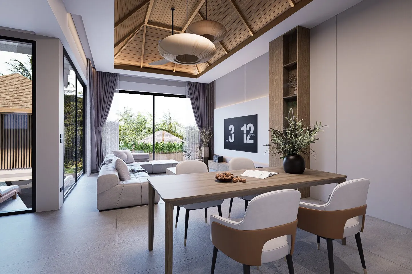 ห้องนั่งเล่นและรับประทานอาหาร เปิดออกสู่ระเบียงสระว่ายน้ำใน KĀHLĪ Hillside Villa
