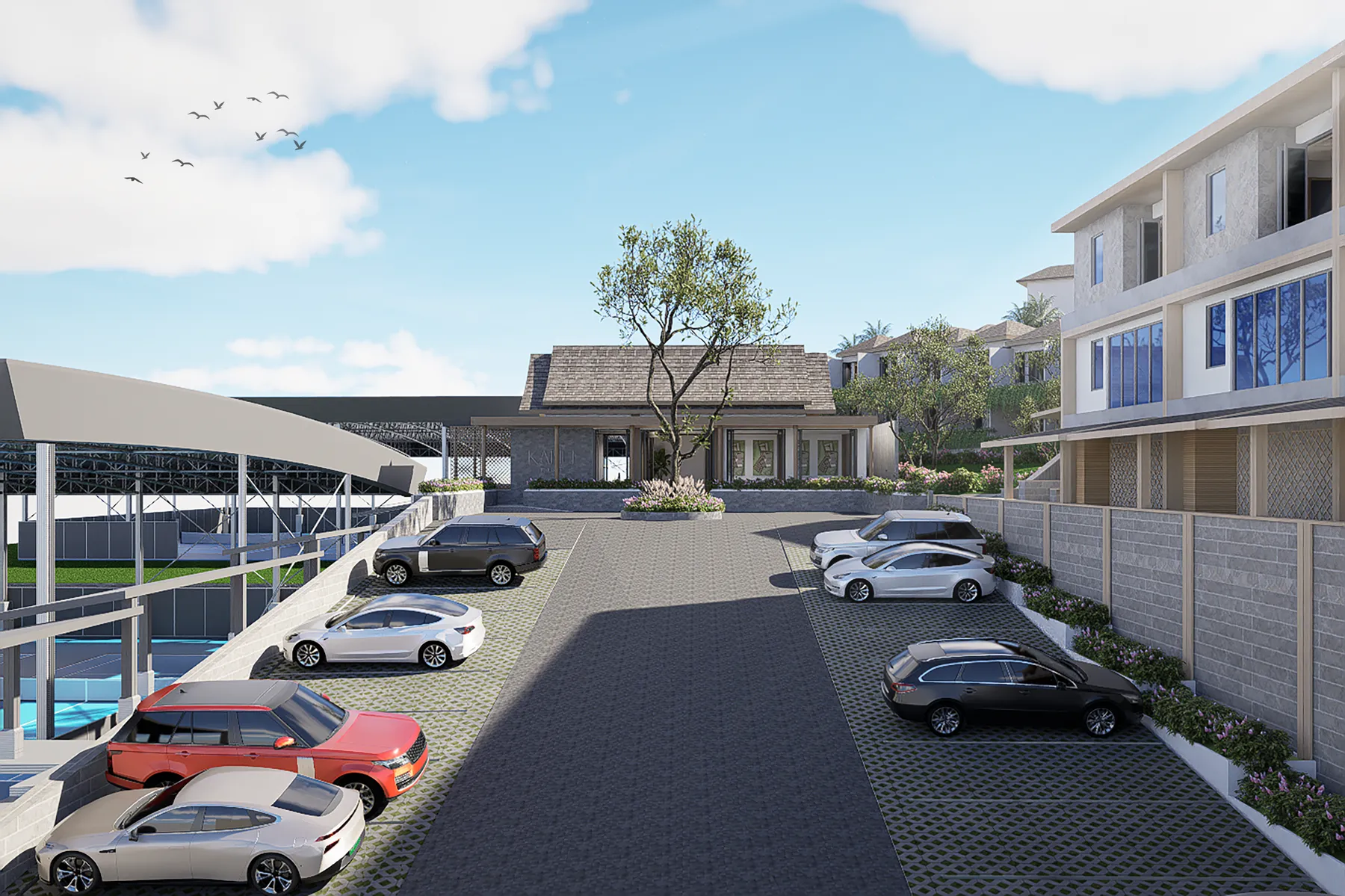 ที่จอดรถข้างล็อบบี้ใน KĀHLĪ Hillside Villas