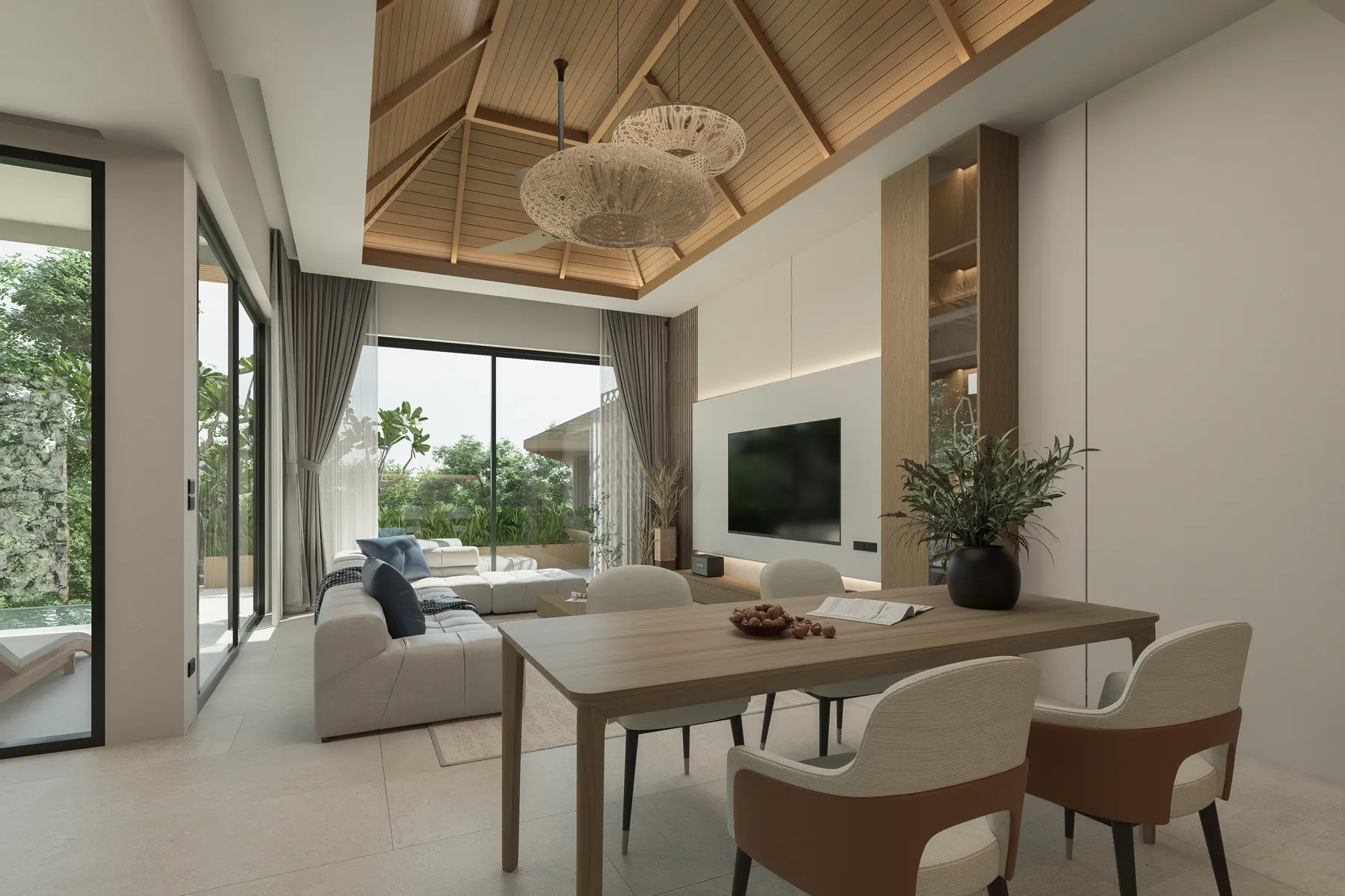 Гостиная-столовая, открытая к террасе у бассейна, KĀHLĪ Hillside Villas, Вилла 15