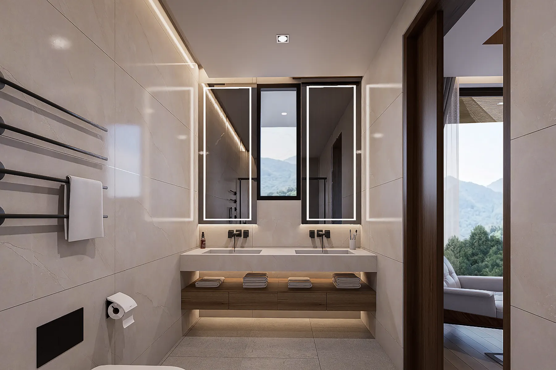 ห้องน้ำอ่างล้างหน้าคู่ พร้อมวิวภูเขา วิลล่า 18 ที่ KĀHLĪ Hillside