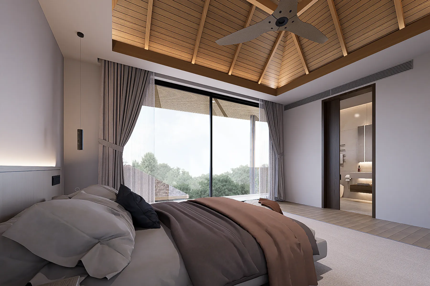 ห้องนอน มองไปทางห้องน้ำในตัว วิลล่า 18 ที่ KĀHLĪ Hillside