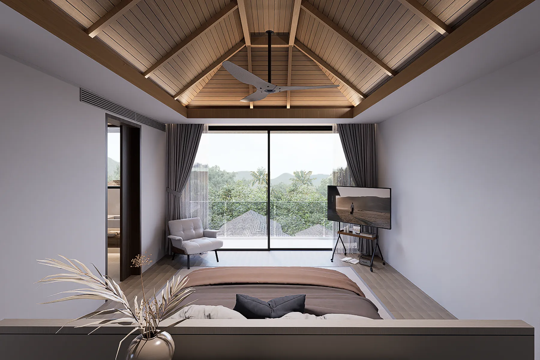 ห้องนอนและประตูออกสู่ระเบียง วิลล่า 18 ที่ KĀHLĪ Hillside