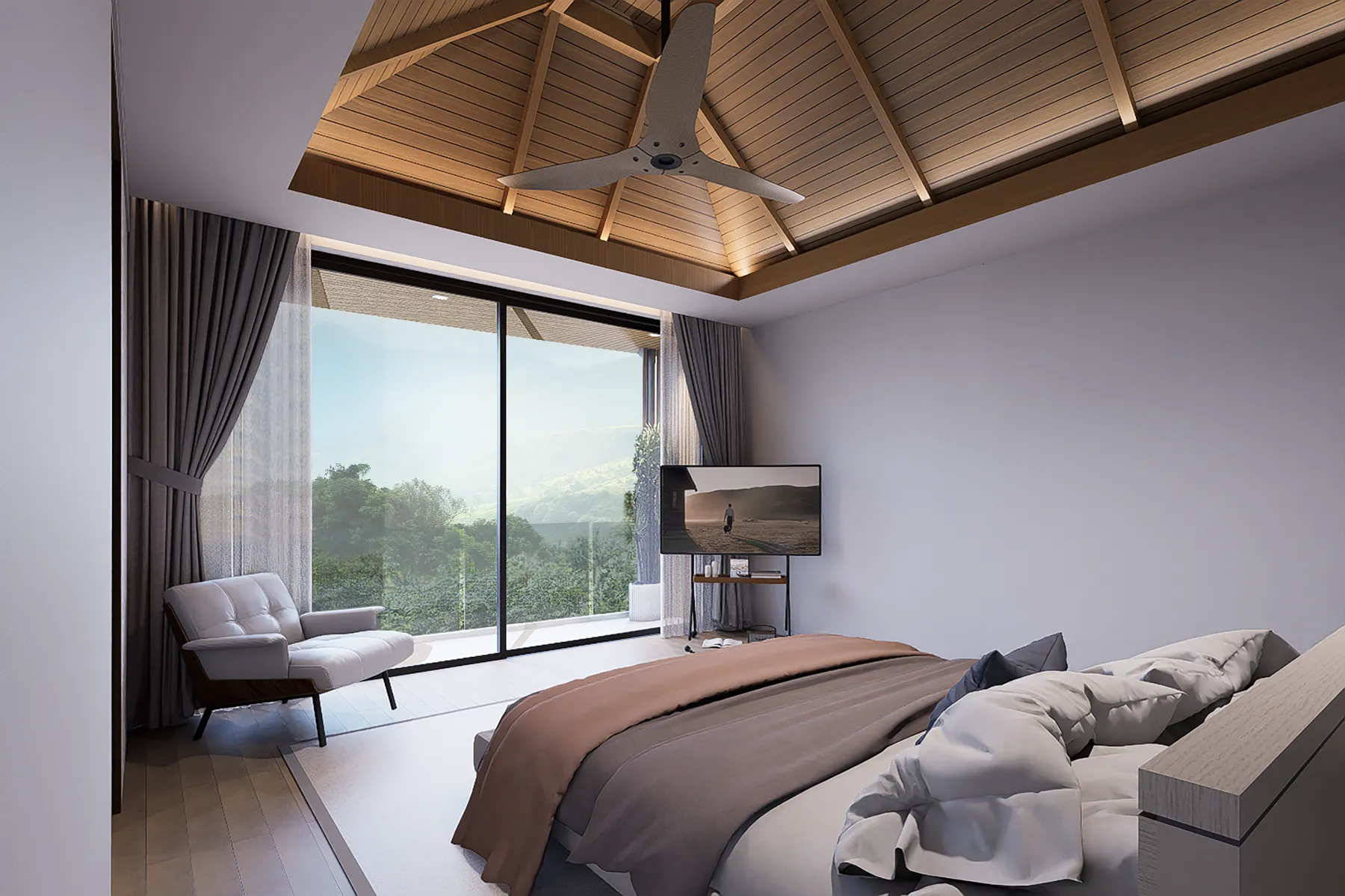 ห้องนอนที่มองออกไปเห็นแมกไม้ วิลล่า 18 ที่ KĀHLĪ Hillside