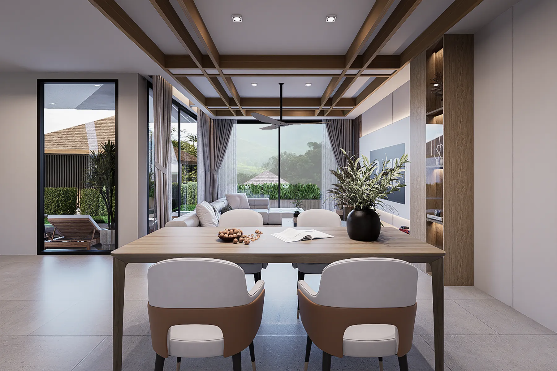 ห้องนั่งเล่นและมุมรับประทานอาหาร ออกสู่ระเบียง วิลล่า 18 ที่ KĀHLĪ Hillside