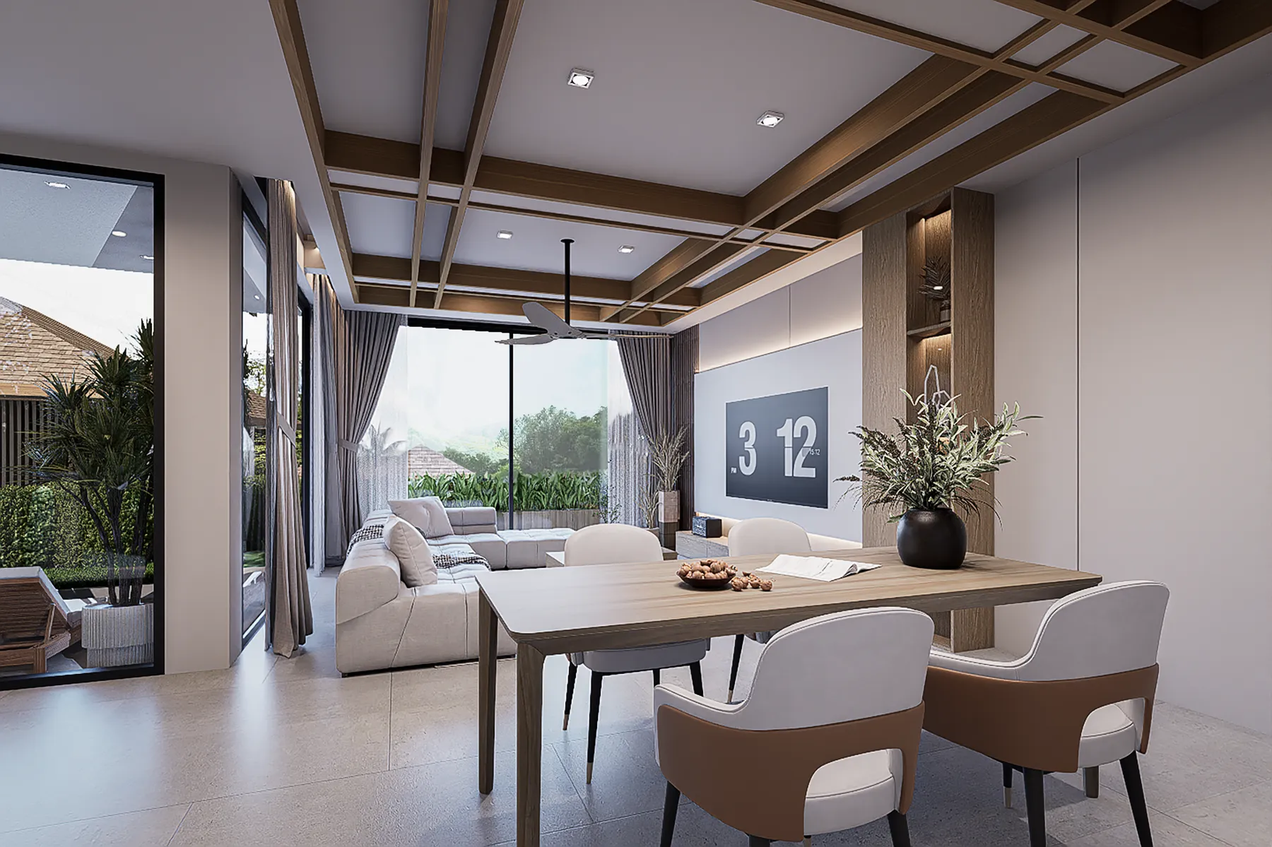 ห้องนั่งเล่นที่เปิดต่อเนื่องกับครัวและมุมรับประทานอาหาร วิลล่า 18 ที่ KĀHLĪ Hillside