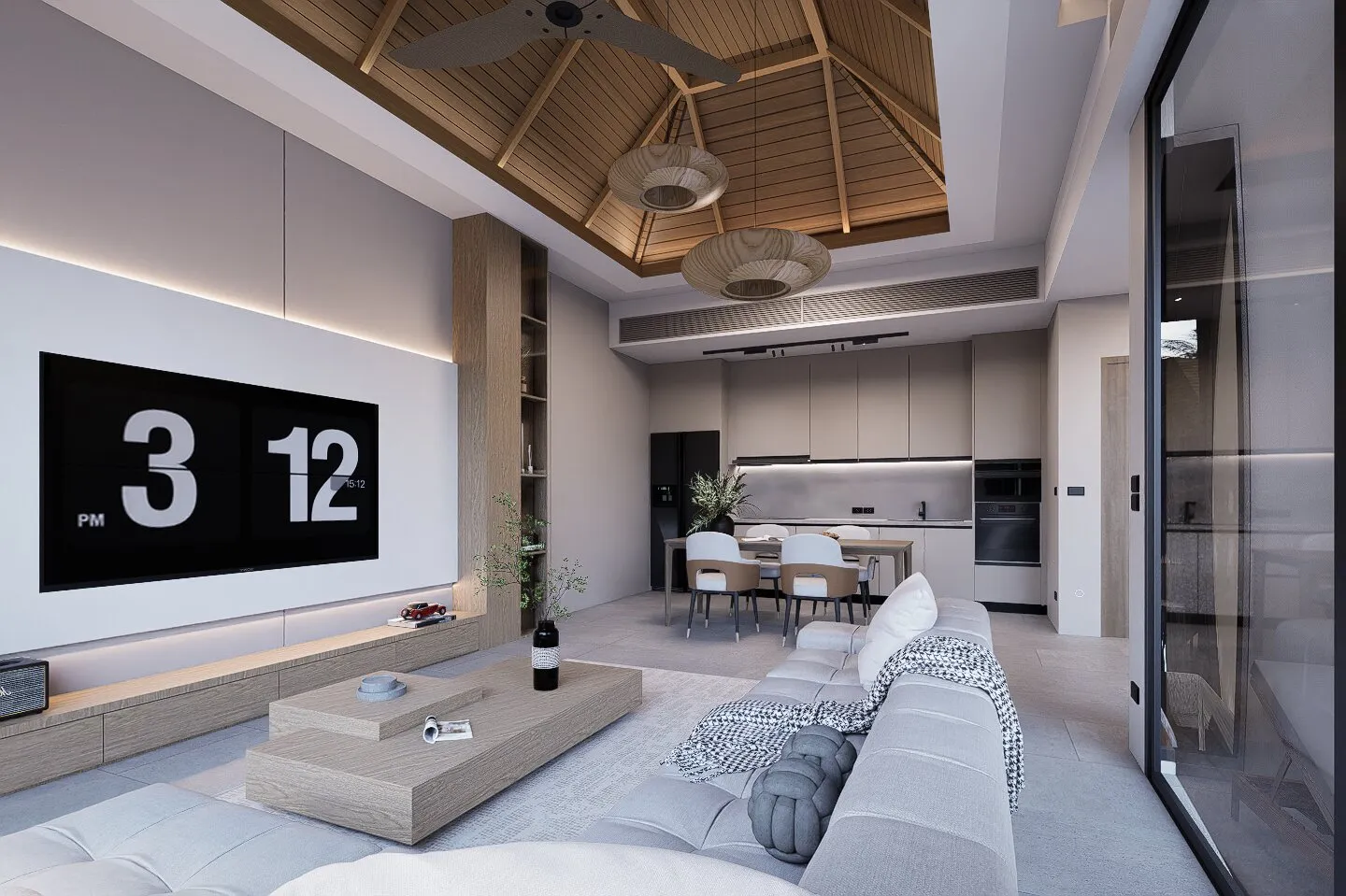 ห้องนั่งเล่น มองไปทางครัว วิลล่า 8 ที่ KĀHLĪ Hillside