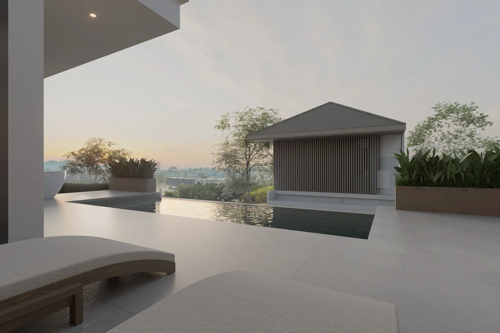 Render of the pool deck and garden pavilion of Villa 8, set into a photograph of the real view