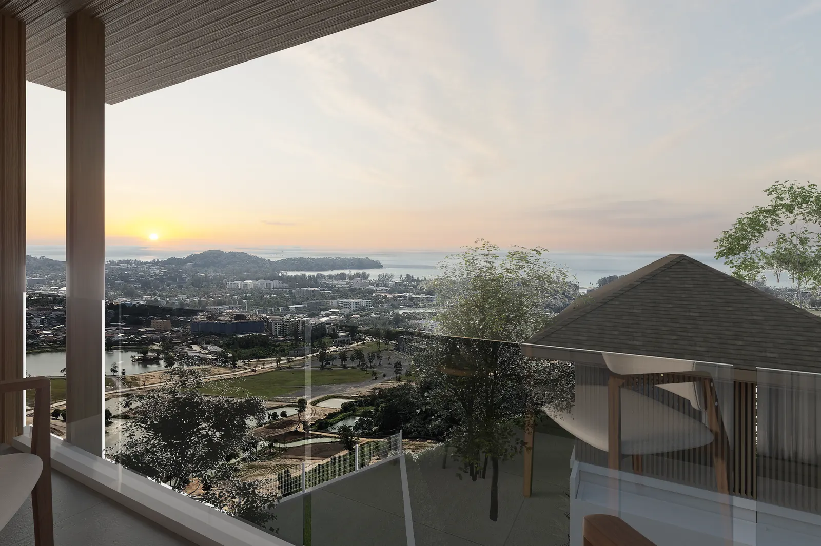 Render of the upper terrace of Villa 8, set into a photograph of the real view across Cherngtalay to the sea