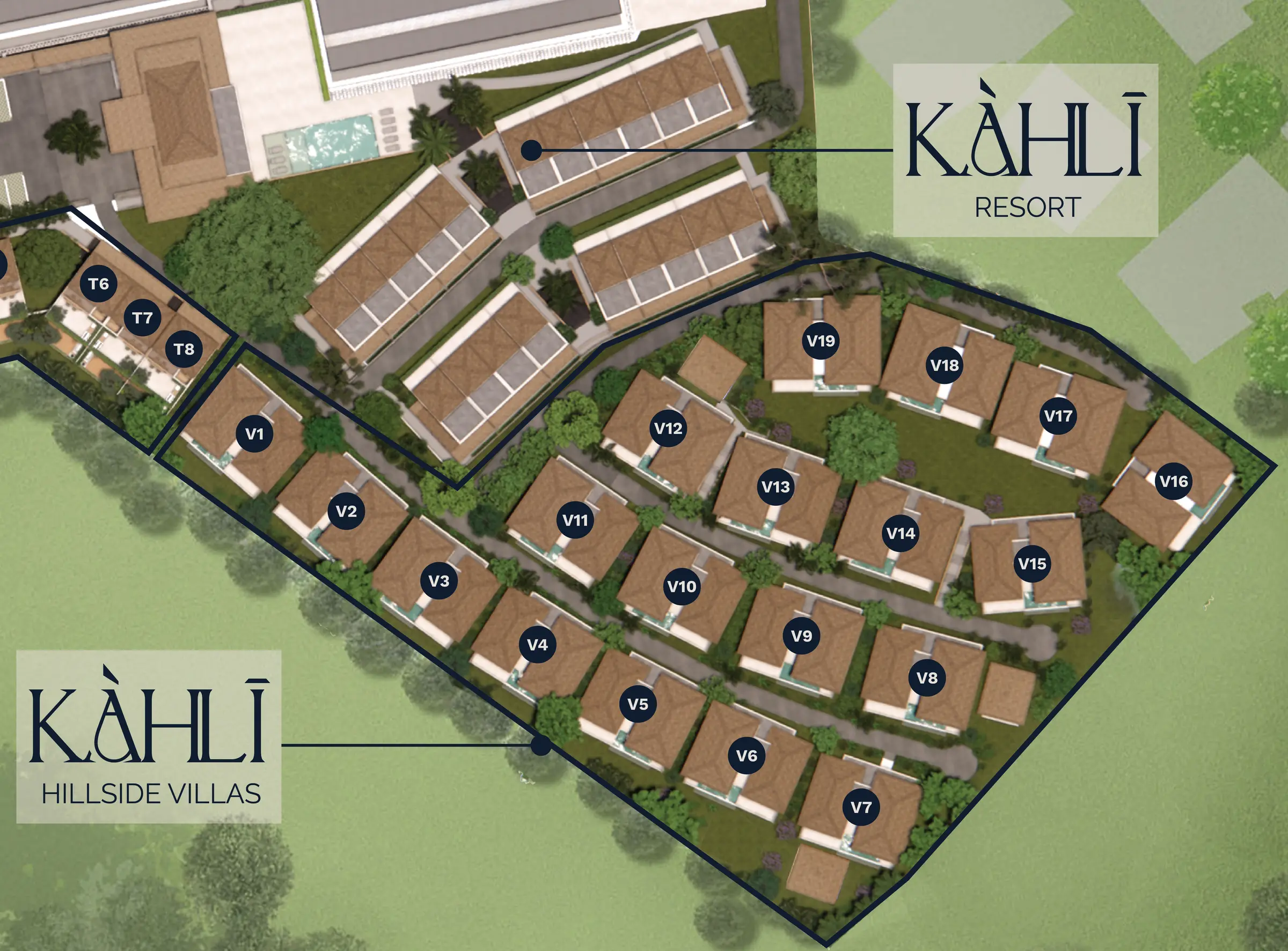 ผังแม่บท KĀHLĪ Hillside Villas แสดงแปลงวิลล่าและแปลงเทอเรสตามหมายเลข
