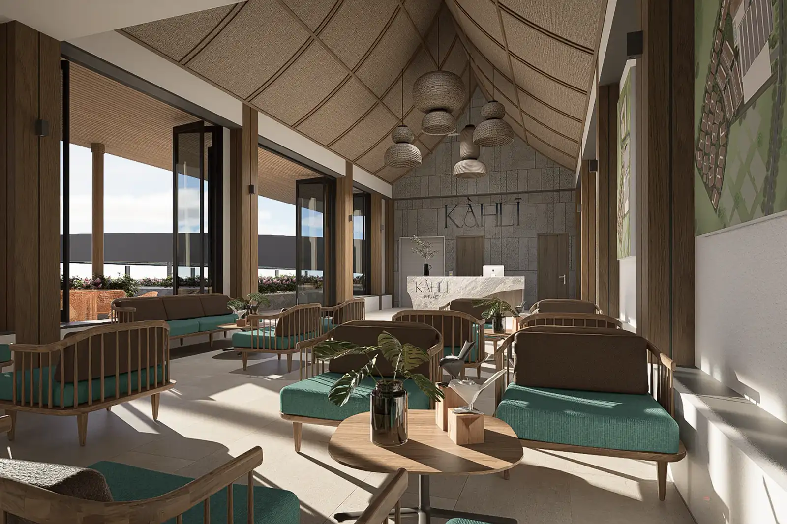 The vaulted timber lobby of the KĀHLĪ Resort, Cherngtalay, Phuket