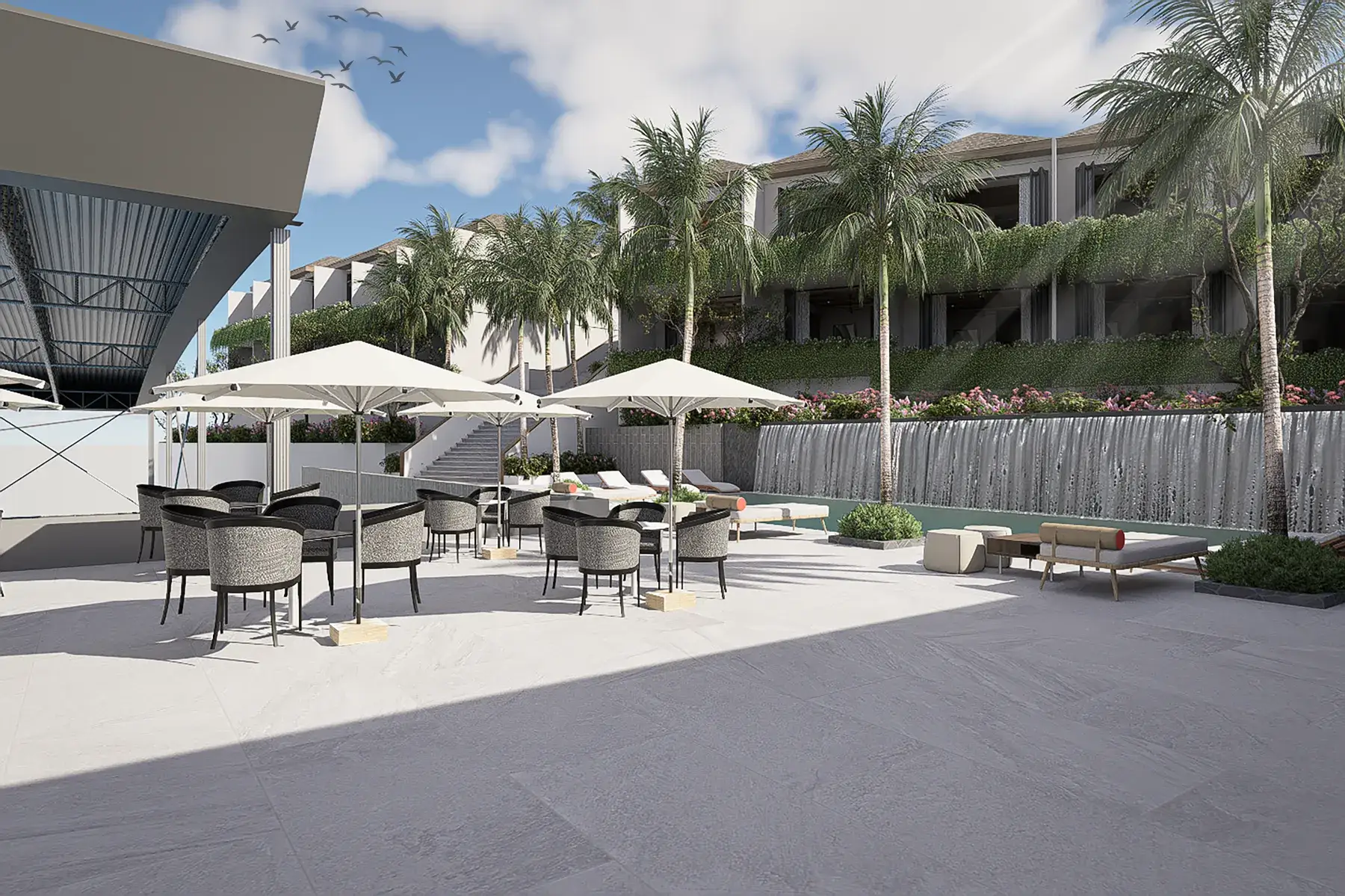 The all-day dining terrace at the KĀHLĪ Resort, overlooking the courts, Phuket